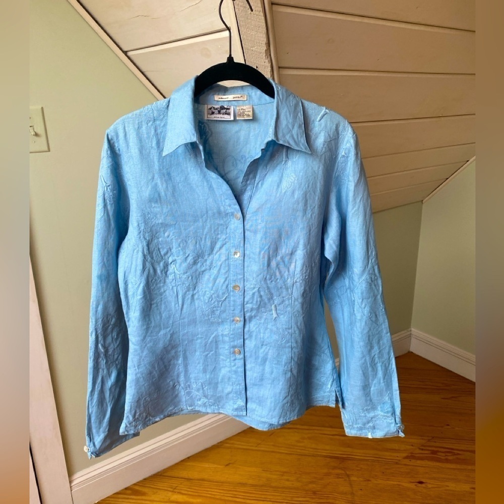 Edward Irish Linen Top Women Petite Medium Button Down 3/4 Sleeve Embroidered